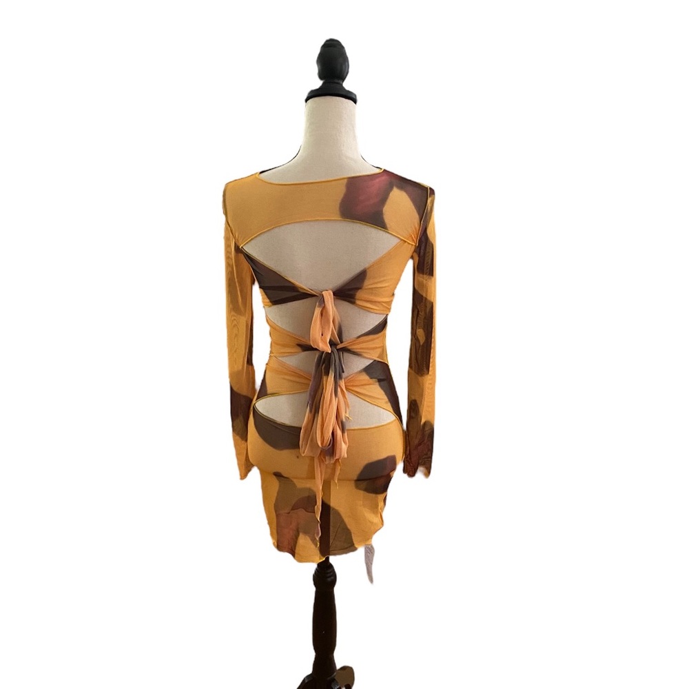 Print Long Sleeve Sheer Triple Tie Back Dress - Picture 2 of 2